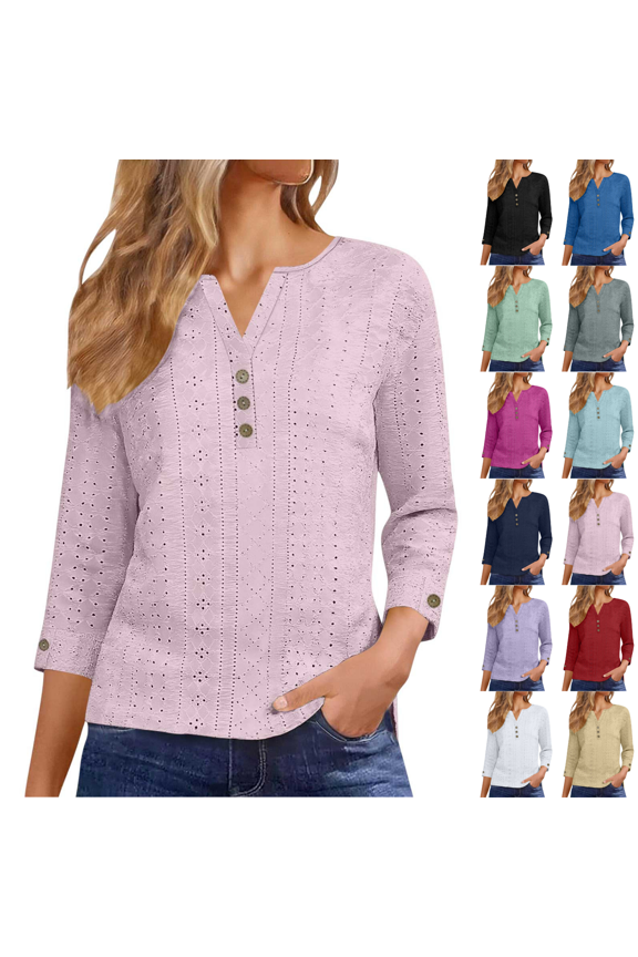 Women's Plus Size Notch V Neck Three Button 3/4 Sleeve Blouse, Eyelet Embroidery Textured Fabric Loose Fit Daily Casual Top S-5XL