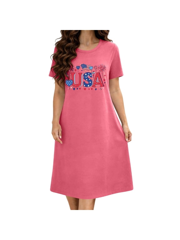 Women's Plus Size Patriotic USA & Firework Nightshirt, Short Sleeve Crew Neck Casual Sleep Dress, S-5XL