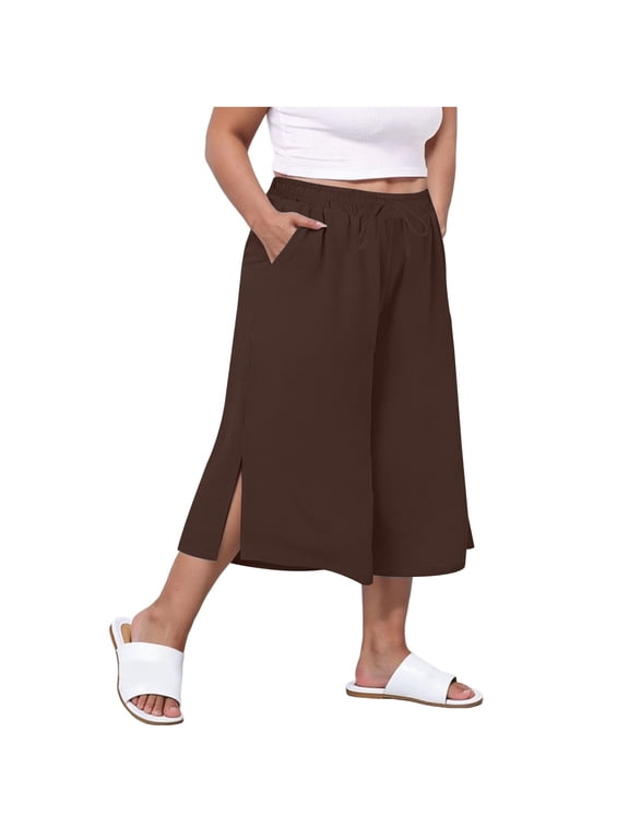 Women's Plus Size Relaxed-Fit Culottes,Cotton Linen Cropped Pants with Casual Silhouette & Side Slit Hems, L-4XL