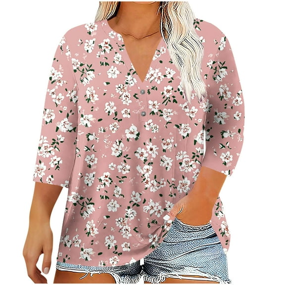 Yuanlook Women's Plus Size Tops 3/4 Roll Sleeve Shirts V Neck Blouses Tunic Top with Flower Print - Pink - L