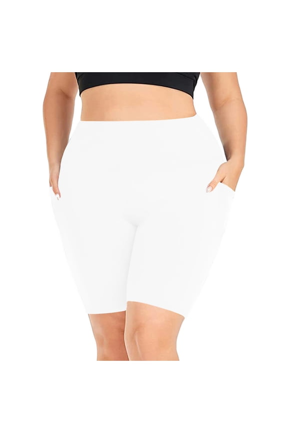 Women's Plus Size Tummy Control Yoga Shorts, High Waist Biker Shorts with Convenient Pockets, 1X-5X