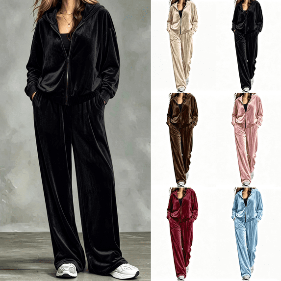 Yuanlook Women's Plus Size Velvet 2‑Piece Tracksuit Set, Zip‑Up Hooded Jacket and Wide Leg Pants Matching Outfit for Daily Wear and Casual Outdoor Activities S‑5XL