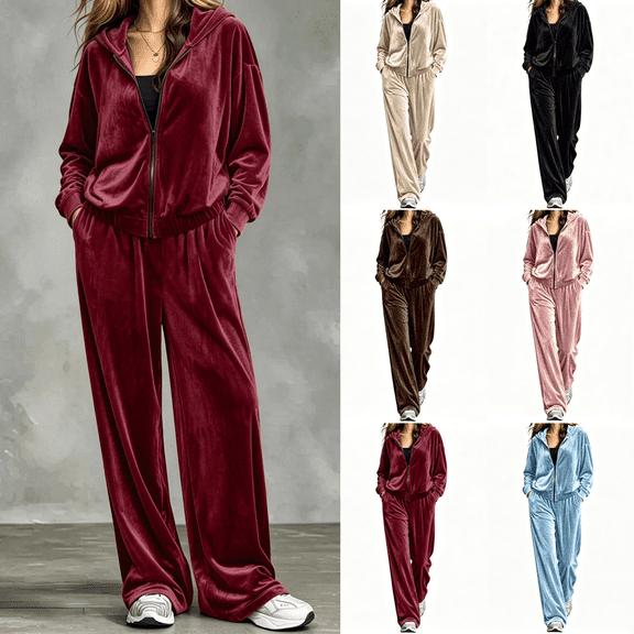 Yuanlook Women's Plus Size Velvet 2‑Piece Tracksuit Set, Zip‑Up Hooded Jacket and Wide Leg Pants Matching Outfit for Daily Wear and Casual Outdoor Activities S‑5XL