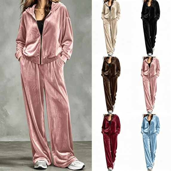 Yuanlook Women's Plus Size Velvet 2‑Piece Tracksuit Set, Zip‑Up Hooded Jacket and Wide Leg Pants Matching Outfit for Daily Wear and Casual Outdoor Activities S‑5XL