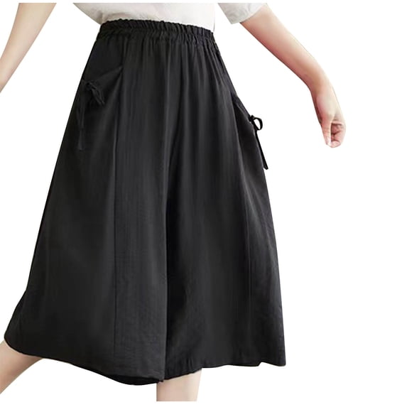 Yuanlook Women's Plus Size Wide Leg Cropped Pants, Cotton Linen Elastic Waist Culottes with Drawstring Side Pockets, L-5XL