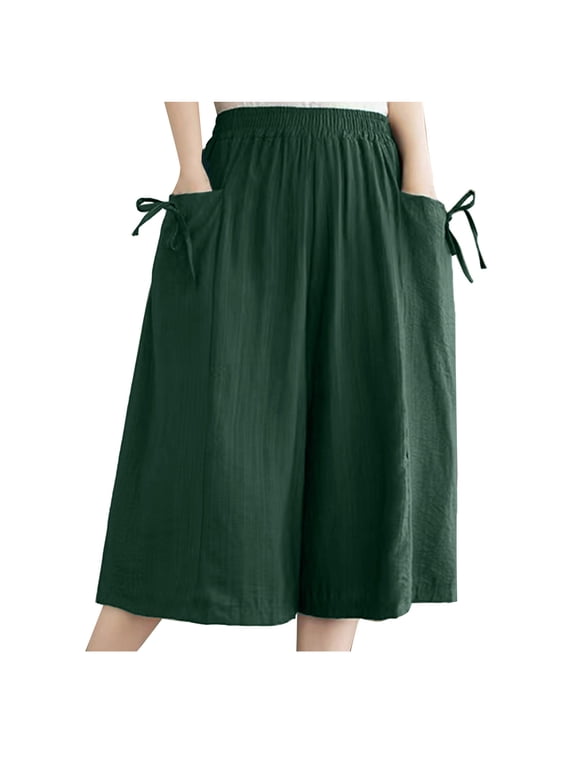 Women's Plus Size Wide Leg Cropped Pants, Cotton Linen Elastic Waist Culottes with Drawstring Side Pockets, L-5XL