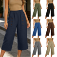 thumbnail image 1 of Yuanlook Women's Elastic Waist Button‑Decor Pocket Cropped Pants, Linen‑Blend Wide Leg Capri Pants for Daily Commute and City Strolling S‑XXXL, 1 of 7