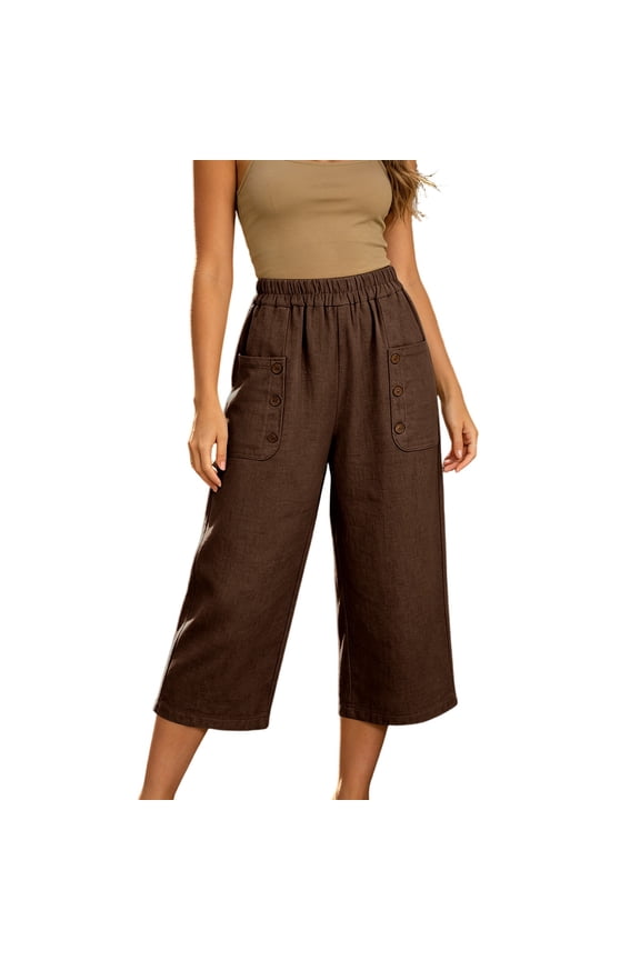 Women's Pull-On Culotte Pants, Casual Cotton Trousers with Elastic Waistband & Button Accent Pockets, S-XXXL