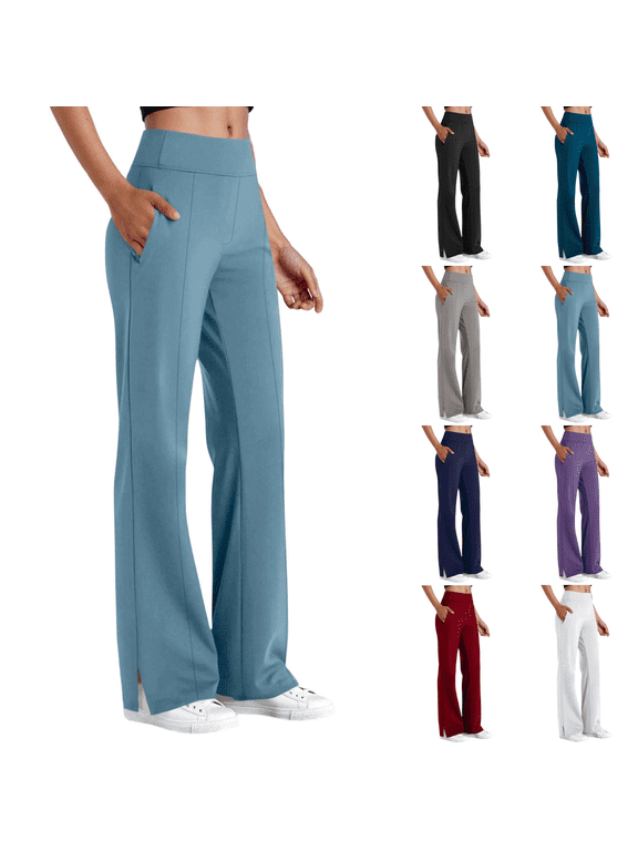 Women's Pull‑On Elastic Waist Flare Pants, Seamed Front Split‑Hem Tailored Slacks for Weekend Gathering Urban Outing S‑XXL
