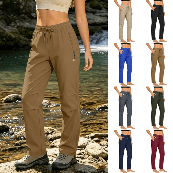 Yuanlook Women's Quick‑Dry Straight Leg Active Pants, Drawstring Waist Zipper Pocket Casual Pants for Casual Outings and Weekend Gatherings S‑XXXL