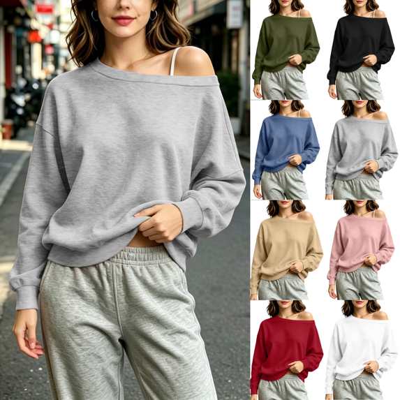 Yuanlook Women's Relaxed Fit Pullover Sweatshirts, Off Shoulder Wide Neck Long Sleeve Tops with Stretch Ribbed Trim Lounge Wear S‑XXXL