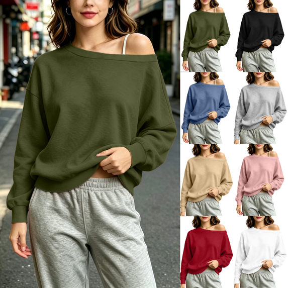 Yuanlook Women's Relaxed Fit Pullover Sweatshirts, Off Shoulder Wide Neck Long Sleeve Tops with Stretch Ribbed Trim Lounge Wear S‑XXXL