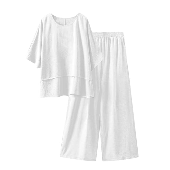 Yuanlook Women's Relaxed Fit Two-Piece Outfit, Round Neck Top & High Waist Wide Leg Pants Set, S-5XL