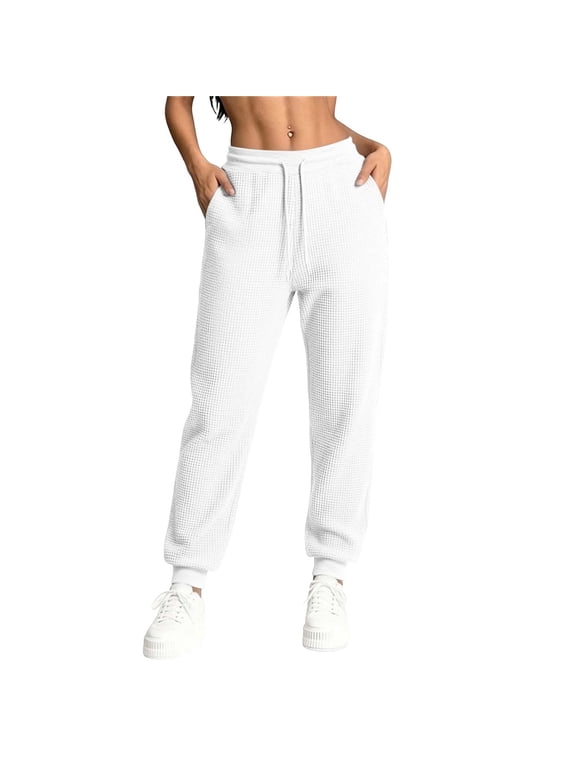 Women's Relaxed Fit Waffle Weave Jogger Pants, Adjustable Drawstring Slacks for Sports Training Street Casual Occasions S‑XXXL