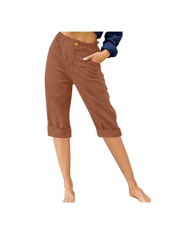 Women's Rolled Cuff Capri Pants, Elastic Waist with Button & Pockets, S-XXXL