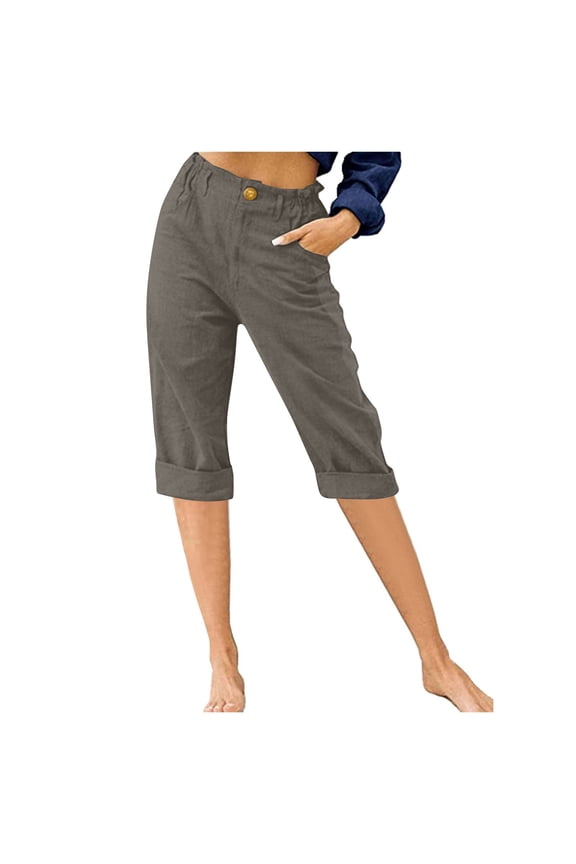 Women's Rolled Cuff Capri Pants, Elastic Waist with Button & Pockets, S-XXXL