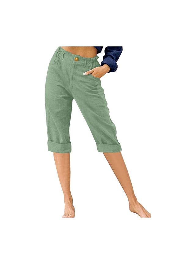 Women's Rolled Cuff Capri Pants, Elastic Waist with Button & Pockets, S-XXXL