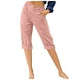 thumbnail image 1 of Yuanlook Women's Rolled Cuff Capri Pants, Elastic Waist with Button & Pockets, S-XXXL, 1 of 5