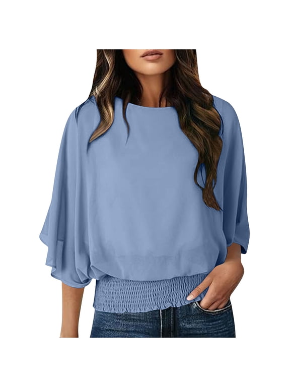 Women's Round Neck 3/4 Flare Bell Sleeve Elastic Smocked Waist Chiffon Woven Blouse, Double Layer Solid Fabric Casual Daily Tunic Top S-XXL
