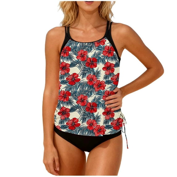 Yuanlook Women's Ruched Tankini Swimsuits V Neck Two Pieces Bathing Suit Tummy Control Swimwear - Red - M