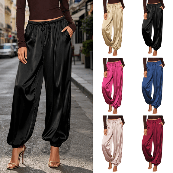Yuanlook Women's Satin Drawstring Jogger Pants, Elastic Cuff Loose Fit Silky Trousers for Loungewear Daily Going‑Out S‑XXXL