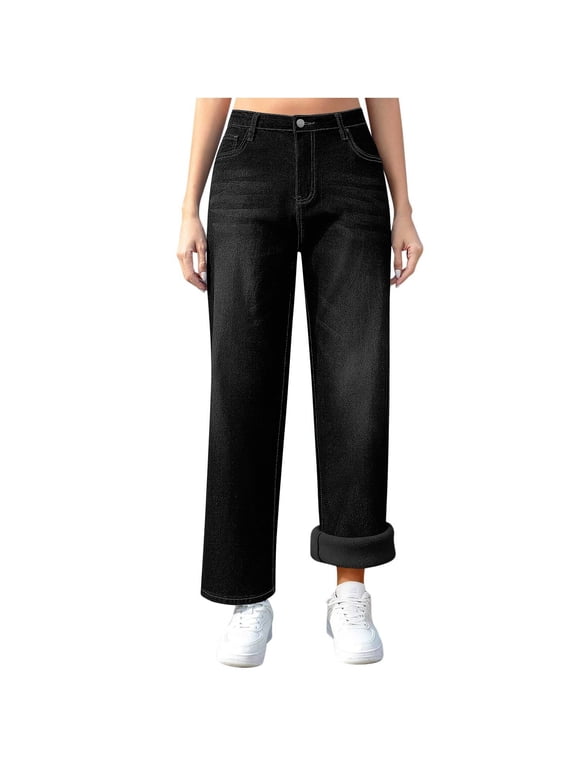 Women's Sherpa Fleece Lined Straight Denim Trousers, High Rise Button Fly Warm Winter Cropped Jeans L-XXL