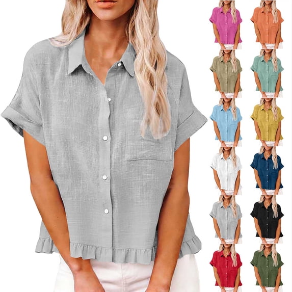 Yuanlook Women's Short Sleeve Button Down Shirts Casual Loose Fit Collared Linen Work Blouse Tops with Pocket S-XXL
