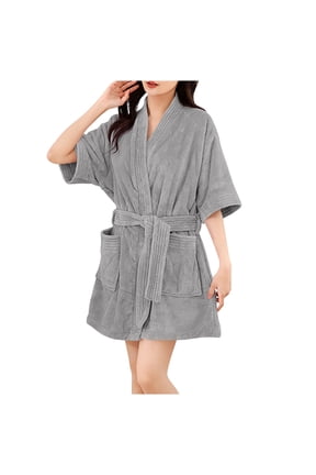 Women's Short Sleeve Terry Bath Robe, V Neck Self Tie Short Bathrobe With Pockets Home Loungewear Free Size