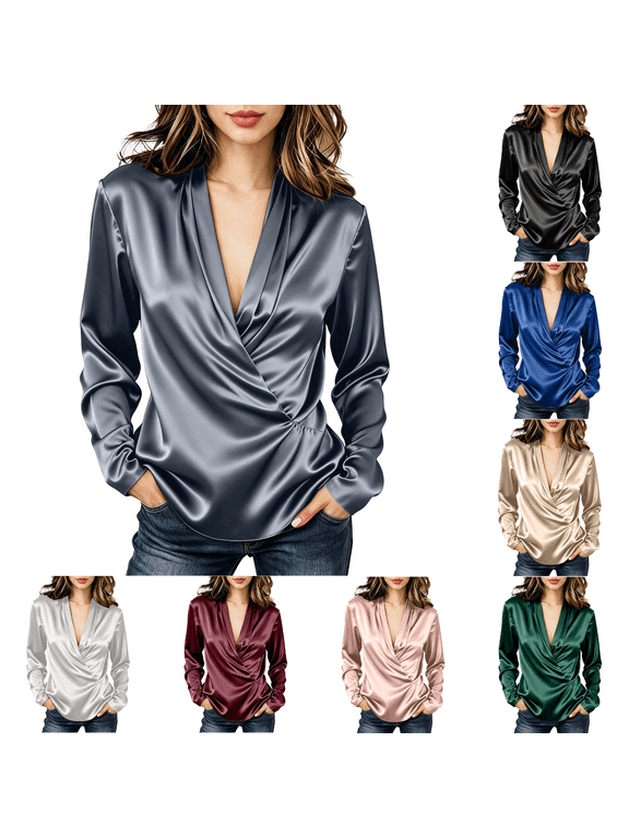 Women's Silky Satin Dressy Blouses, Surplice Wrap V Neck Long Sleeve Tops with Gathered Waist Flattering Curved Hem S‑XXXL