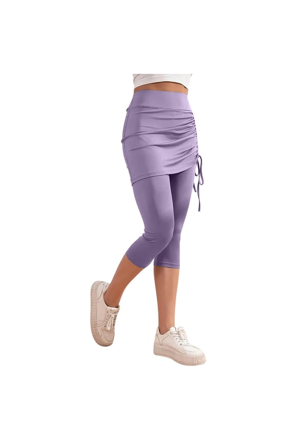 Women's Skirted Leggings,Athletic Tennis Skorts Capris Knee Length Gym Yoga Legging with Skirts - Purple - L