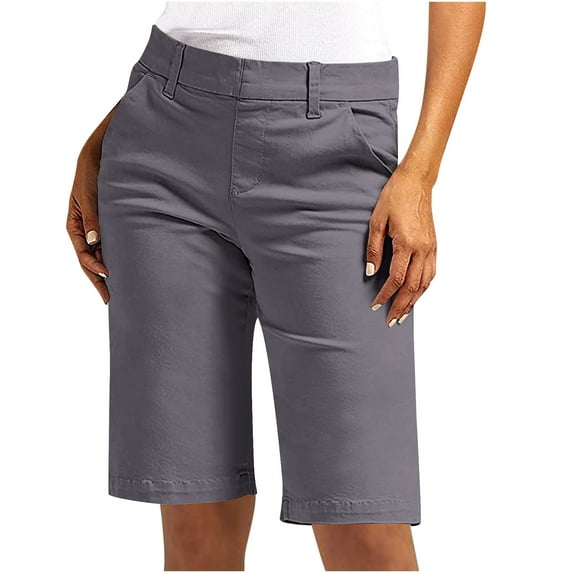 Yuanlook Women's Slim-Fit Shorts,Mid-Rise Slim Twill Bermuda Shorts with with Pockets - Gray
