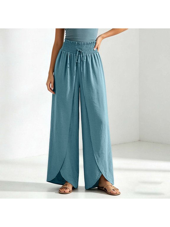 Women's Smocked Waist Pants, Split Hem Wide Leg Palazzo Trousers for Beach Vacation Daily Errands S‑XXL