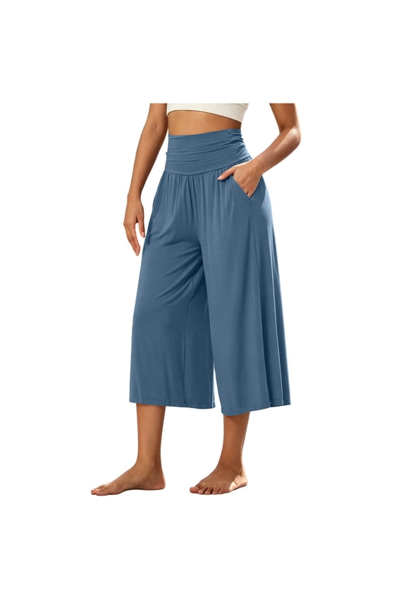 Women's Solid Knit Fold Waist Capri Culottes, Wrinkle Resistant Lightweight Beach Vacation Pocket Trousers S-XXL