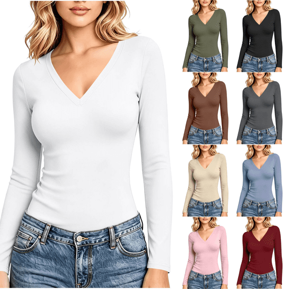 Yuanlook Women's Solid Long Sleeve Bodysuit Shirts, V Neck Slim Casual Basic Tops for Short Day Trip S-XXL Tops