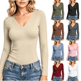 thumbnail image 1 of Yuanlook Women's Solid Long Sleeve Bodysuit Shirts, V Neck Slim Casual Basic Tops for Short Day Trip S-XXL Tops, 1 of 8
