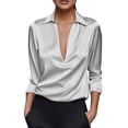 thumbnail image 1 of Yuanlook Women's Solid Satin Draped Front Blouse, Collar V Neck Long Sleeve Lightweight Elegant Daily Top S-XXXL, 1 of 9