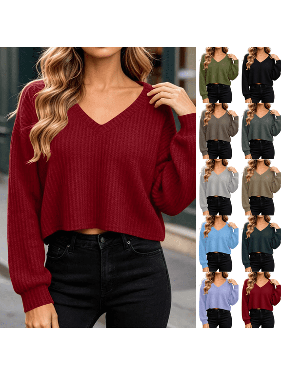 Women's Solid V Neck Cropped Sweater Tops, Long Sleeve Loose Fit Waffle Texture Shirts for Casual Office S-XXL Tops