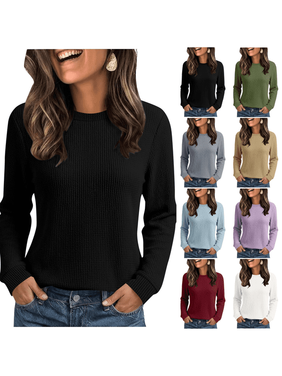 Women's Solid Waffle Weave Long Sleeve Shirts, Crew Neck Breathable Casual Pullover Tops for Weekend Outing S-XXL