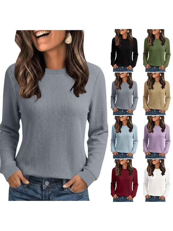Women's Solid Waffle Weave Long Sleeve Shirts, Crew Neck Breathable Casual Pullover Tops for Weekend Outing S-XXL