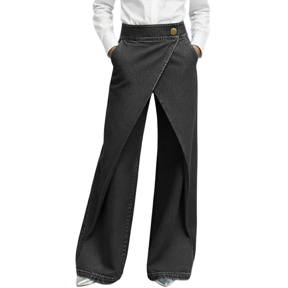 Yuanlook Women's Statement Wide Leg Jeans, High-Waist Denim Trousers with Asymmetrical Wrap Front, S-XXL