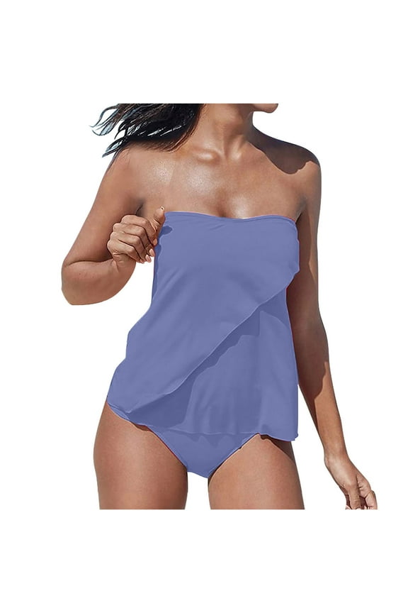 Women's Strapless Bandeau Tankini Top Tummy Control Bathing Suit Top Only with Triangle Bottoms for Pool Party Fun,Light Blue,M