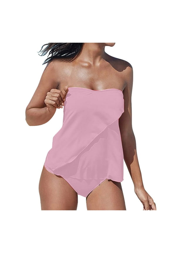 Women's Strapless Bandeau Tankini Top Tummy Control Bathing Suit Top Only with Triangle Bottoms for Pool Party Fun,Pink,M