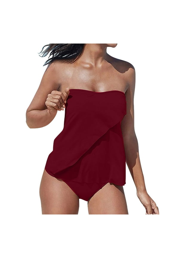 Women's Strapless Bandeau Tankini Top Tummy Control Bathing Suit Top Only with Triangle Bottoms for Pool Party Fun,Wine,M