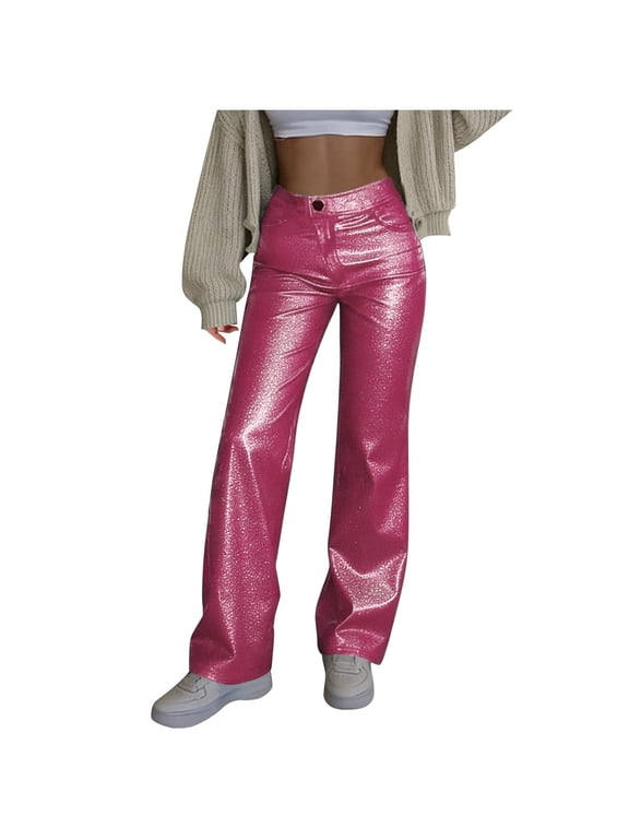 Women's Streetwear Wide Leg Faux Leather Pants, High Waist Button Fly Multi-Occasion Fashion Casual Trousers S-XXL