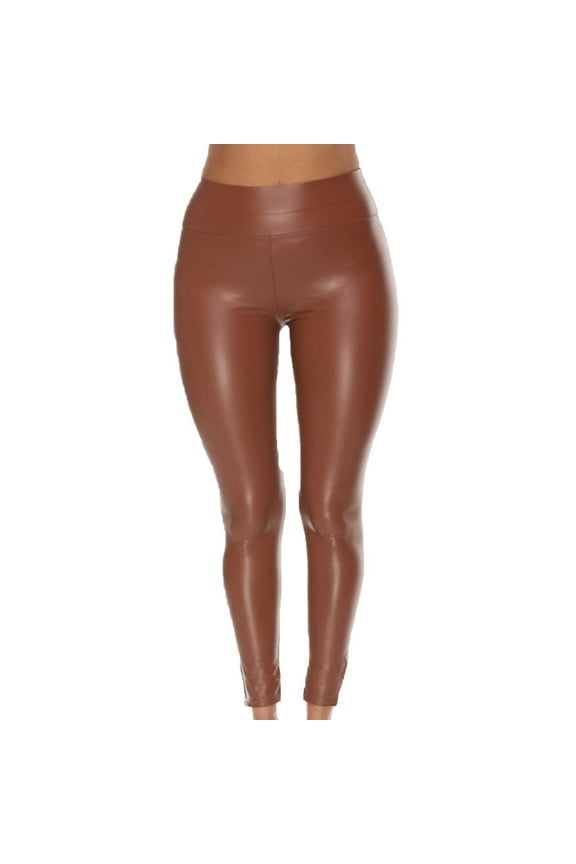 Women's Stretchy Faux Leather Leggings Pants,High Waisted Tights Fitted Comfortable Trousers - Brown - S