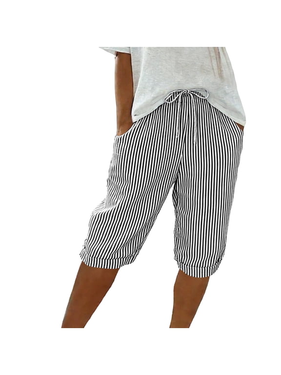 Women's Striped Cotton Casual Shorts, Drawstring Waist Summer Shorts with Cuffed Hem & Side Pockets, S-XXXL