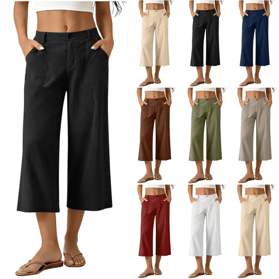 Yuanlook Women's Tailored Linen-Blend Vacation-Ready Wide-Leg Capri Pants, High-Waist Cropped Trousers with Button Fly & Patch Pockets for Office Wear