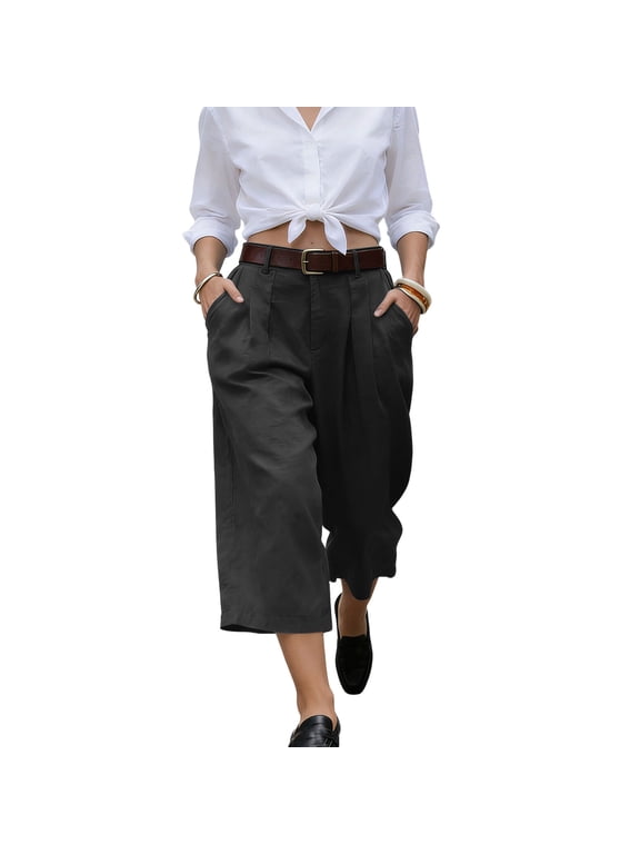 Women's Tailored Pleated Culotte Pants, Office Casual Cropped Wide Leg Trousers with Clean Lines, S-XXXL