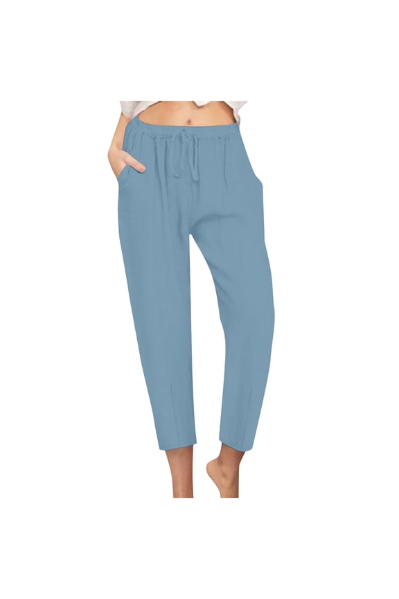 Women's Tapered Pants,Linen Casual Straight Leg Drawstring Elastic Trousers Loose Comfy Joggers with Pockets