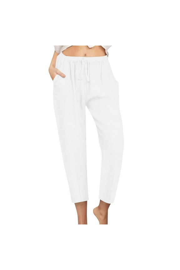 Women's Tapered Pants,Linen Casual Straight Leg Drawstring Elastic Trousers Loose Comfy Joggers with Pockets